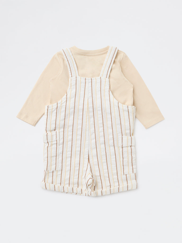 HOP Baby Boys Beige Striped Cotton T-Shirt and Dungaree Set