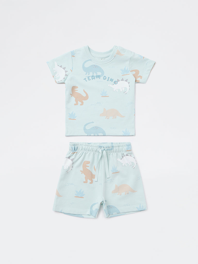 HOP Baby Boys Blue Dinosaur Printed Cotton T-Shirt and Shorts Set