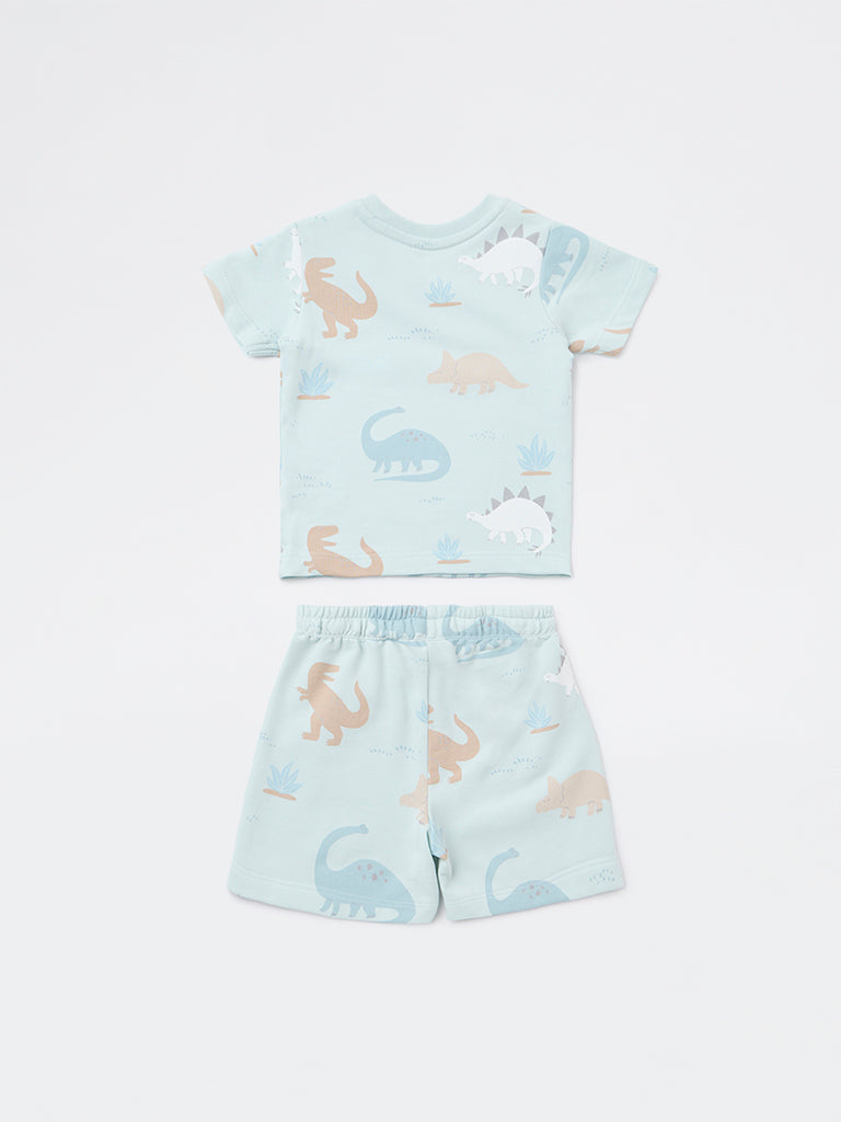 HOP Baby Boys Blue Dinosaur Printed Cotton T-Shirt and Shorts Set