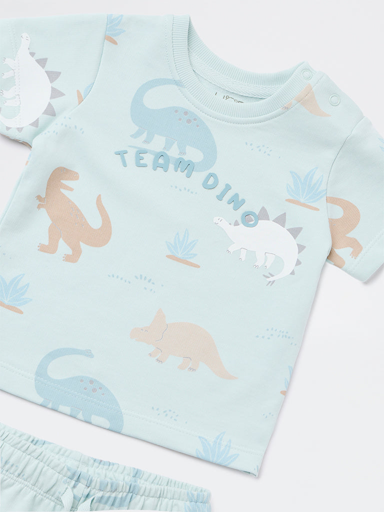 HOP Baby Boys Blue Dinosaur Printed Cotton T-Shirt and Shorts Set