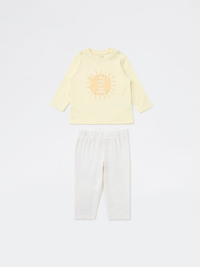 HOP Baby Boys Yellow Sun Printed Cotton T-Shirt and Pants Set