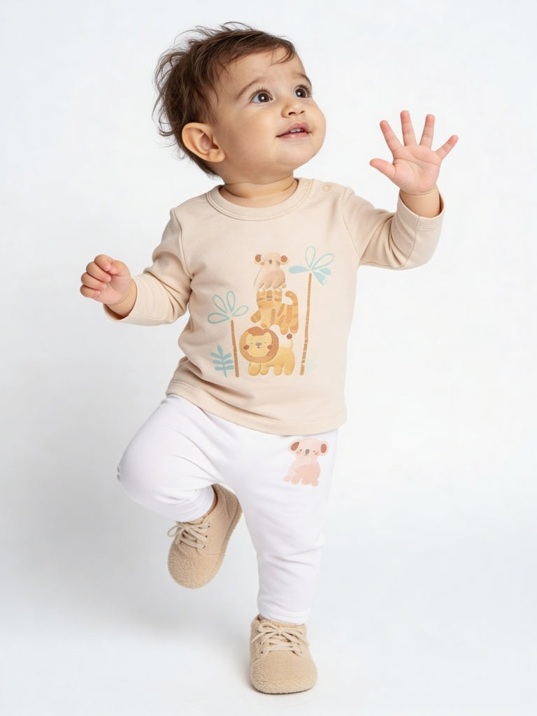 HOP Baby Boys Multicolour Animal Printed Cotton T-Shirt and Pants Set