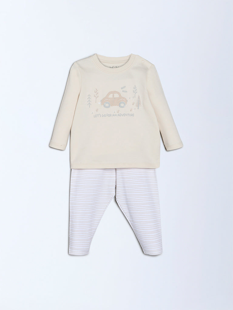 HOP Baby Boys Beige Embossed Cotton T-Shirt and Pants Set - Exclusive