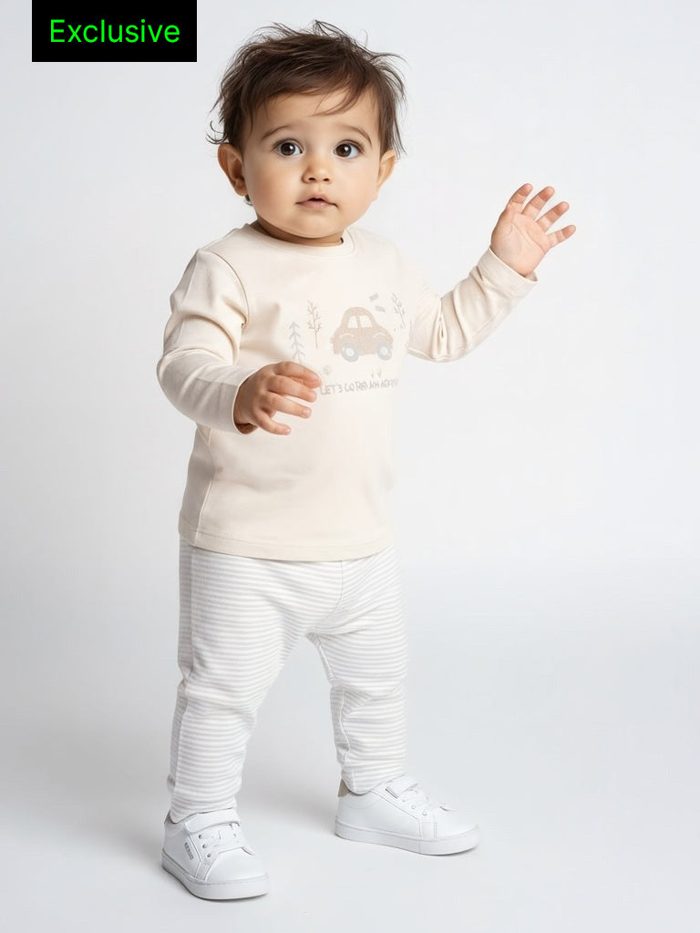HOP Baby Boys Beige Embossed Cotton T-Shirt and Pants Set - Exclusive