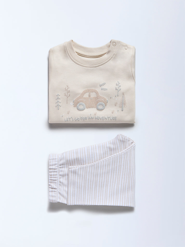 HOP Baby Boys Beige Embossed Cotton T-Shirt and Pants Set - Exclusive