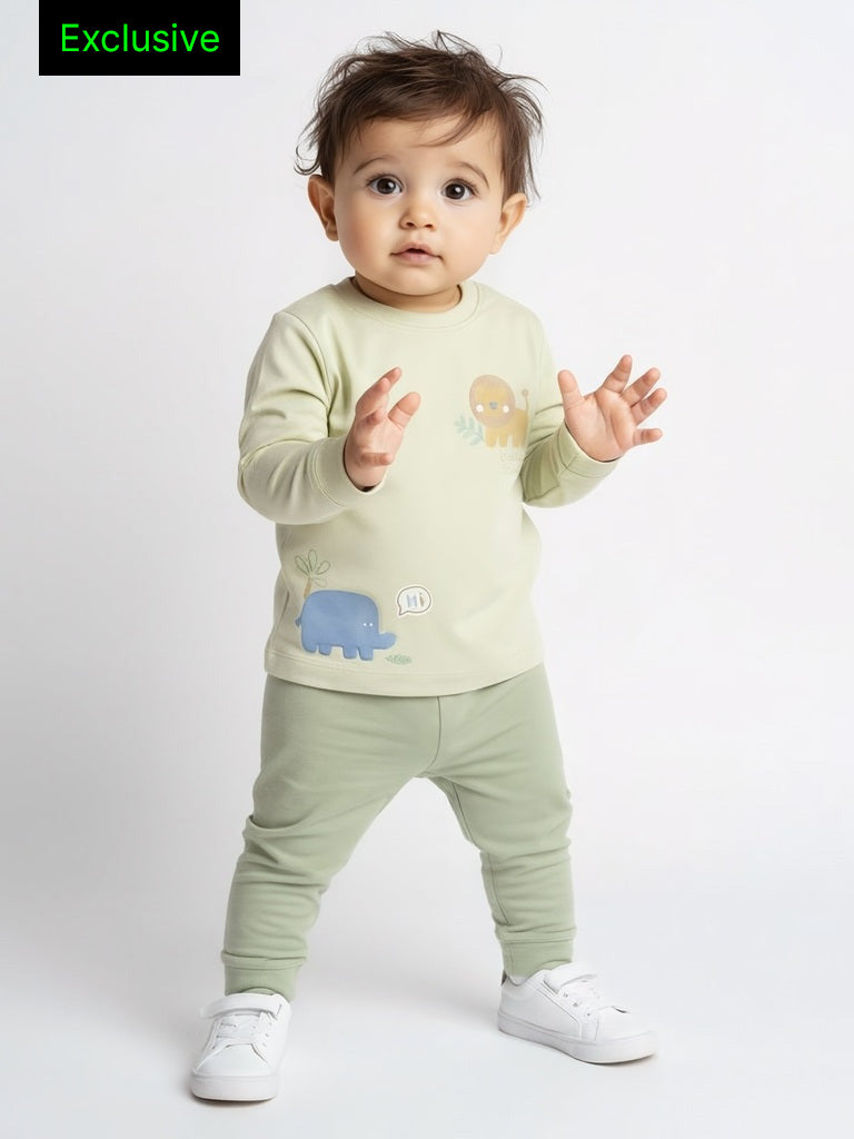HOP Baby Boys Multicolour Animal Design Cotton T-Shirt and Pants Set - Exclusive