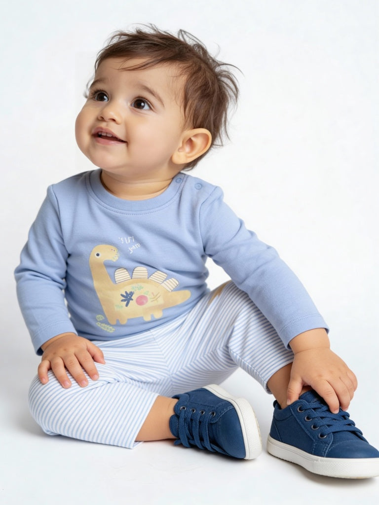 HOP Baby Boys Blue Animal Printed Cotton T-Shirt and Pant Set