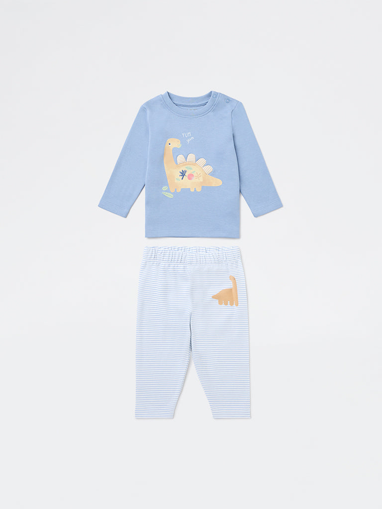HOP Baby Boys Blue Animal Printed Cotton T-Shirt and Pant Set
