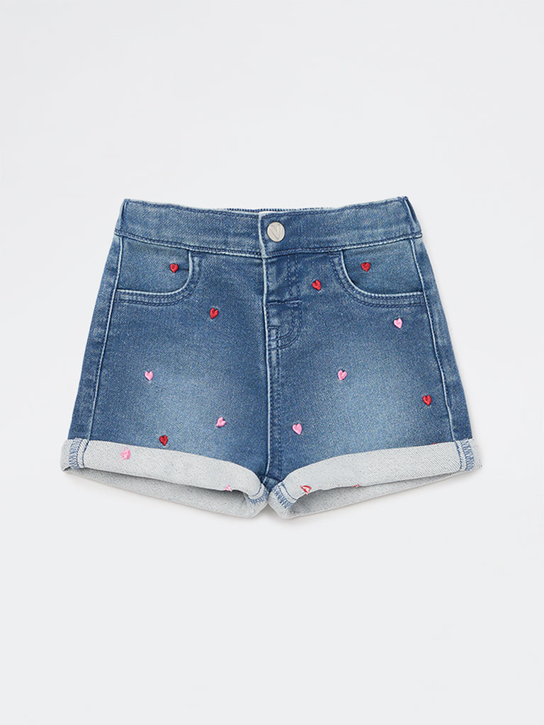 HOP Baby Girls Blue Embroidered High-Rise Denim Shorts