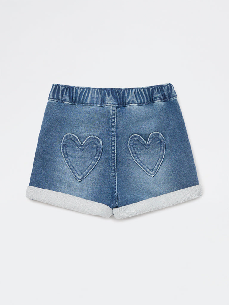 HOP Baby Girls Blue Embroidered High-Rise Denim Shorts