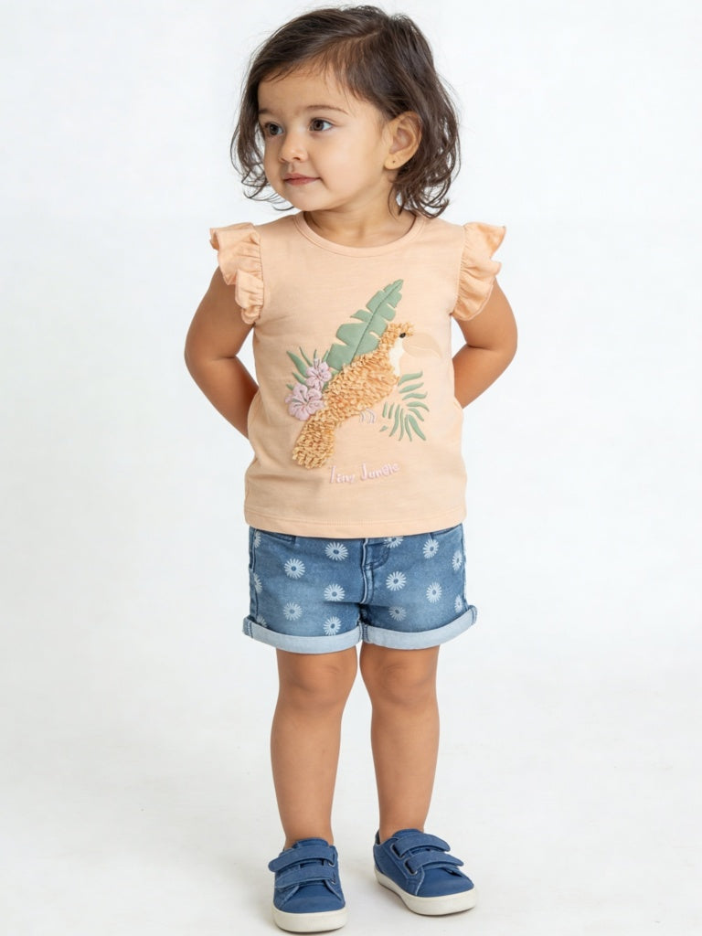 HOP Baby Girls Blue Floral High-Rise Denim Shorts
