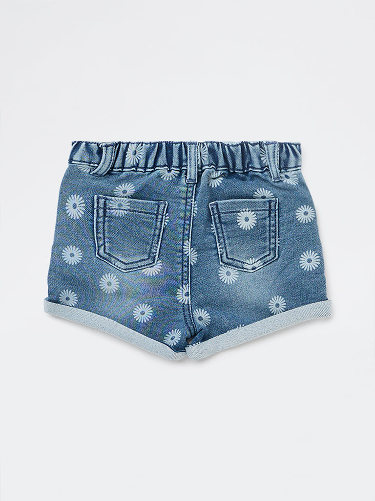 HOP Baby Girls Blue Floral High-Rise Denim Shorts