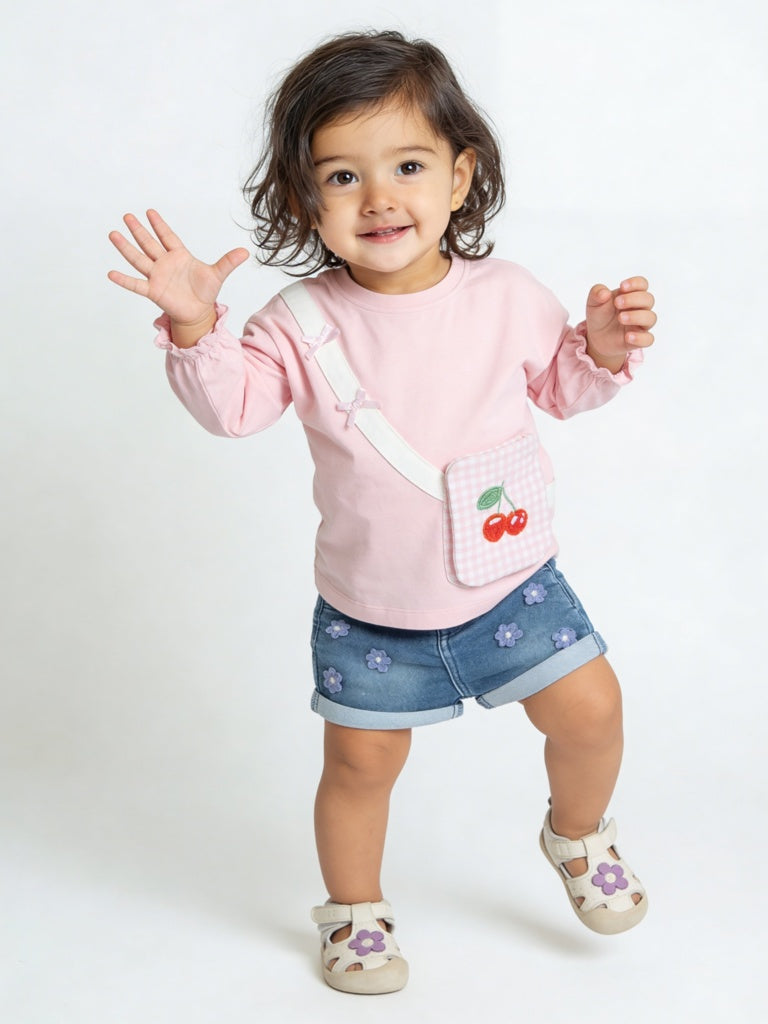 HOP Baby Girls Blue Floral Applique High-Rise Denim Shorts