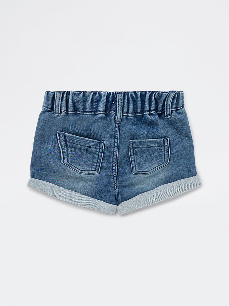 HOP Baby Girls Blue Floral Applique High-Rise Denim Shorts