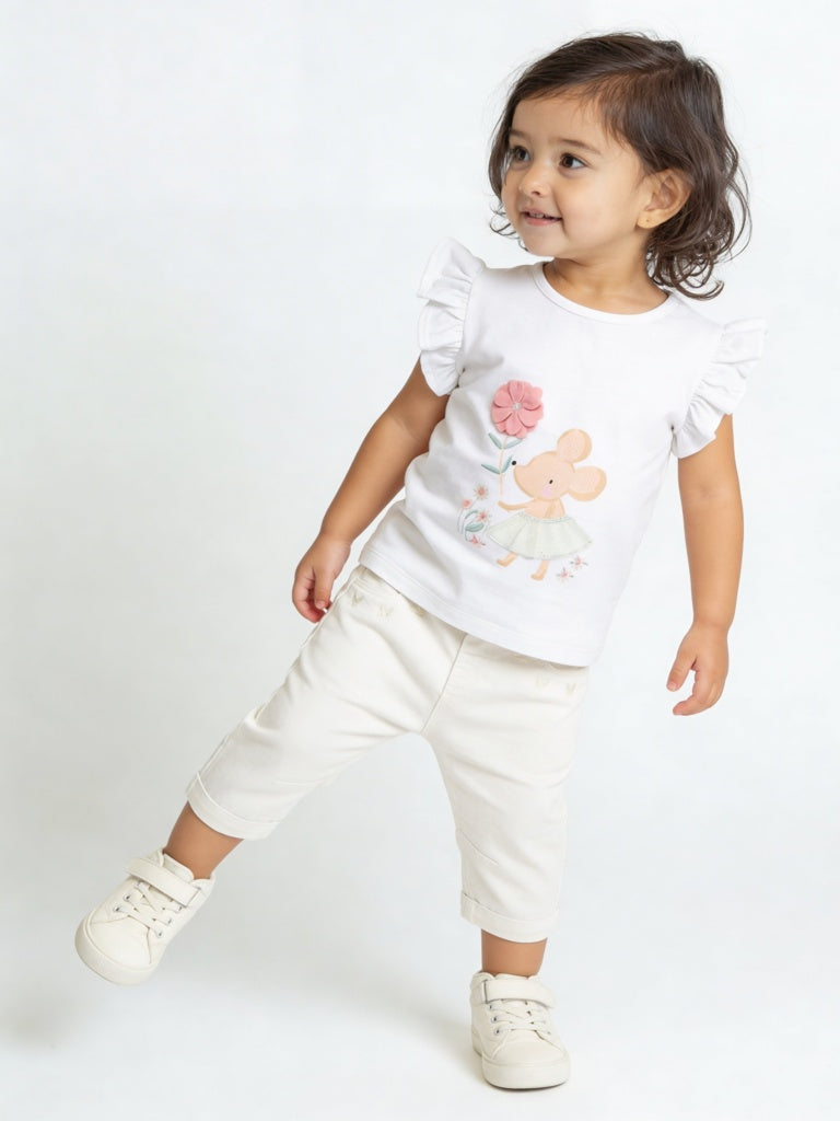 HOP Baby Girls Off-White Embroidered High-Rise Cotton-Blend Trousers