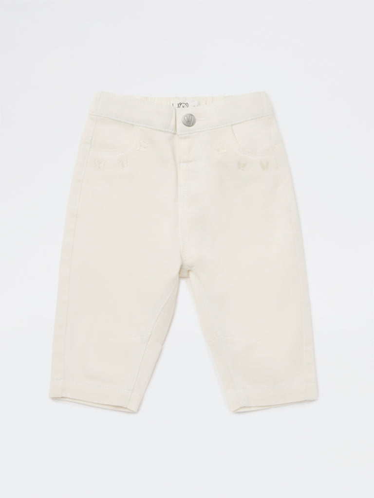 HOP Baby Girls Off-White Embroidered High-Rise Cotton-Blend Trousers