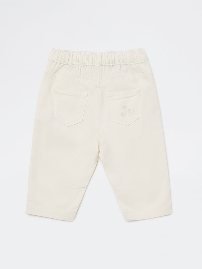 HOP Baby Girls Off-White Embroidered High-Rise Cotton-Blend Trousers