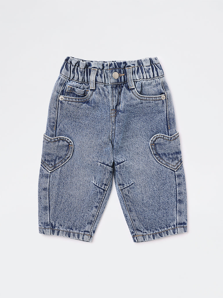 HOP Baby Girls Blue Faded Mid-Rise Denim Jeans