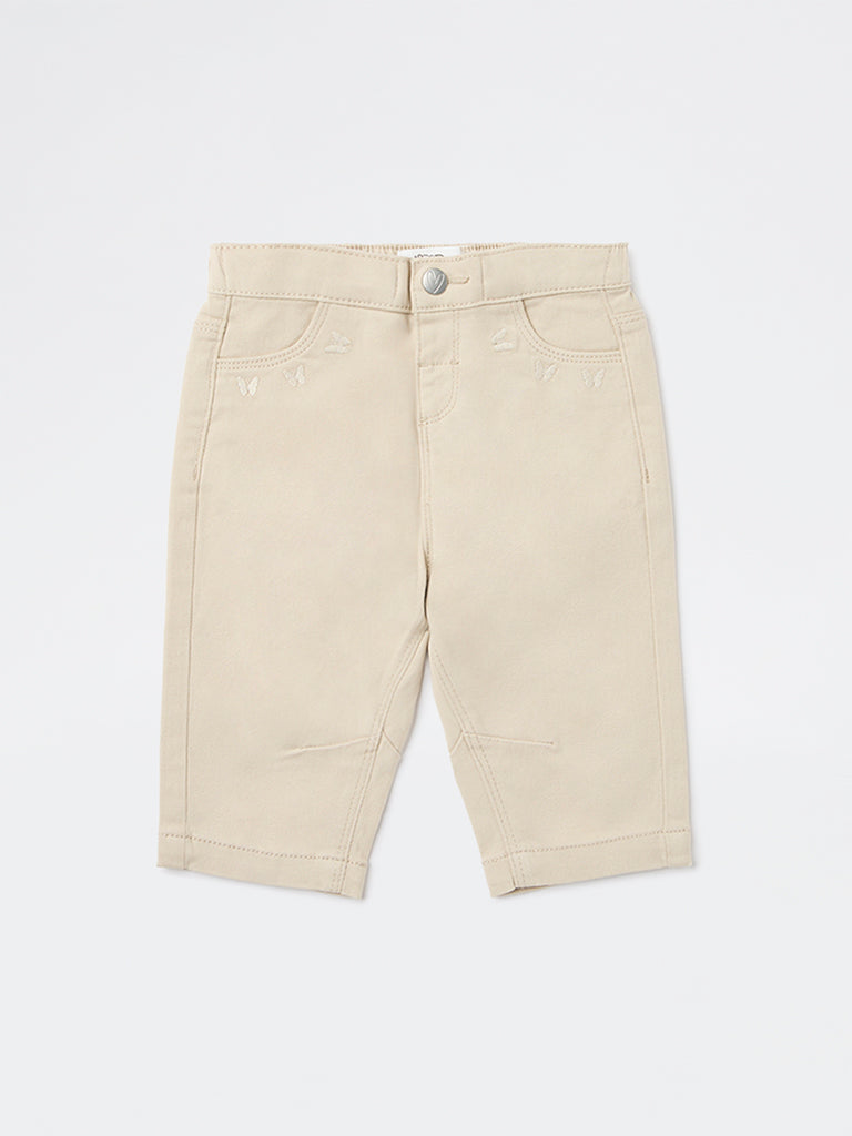 HOP Baby Girls Beige Mid-Rise Cotton-Blend Trousers