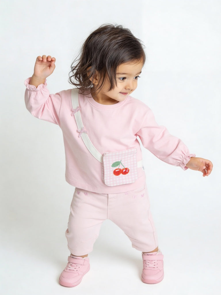 HOP Baby Girls Pink Embroidered High-Rise Cotton-Blend Trousers