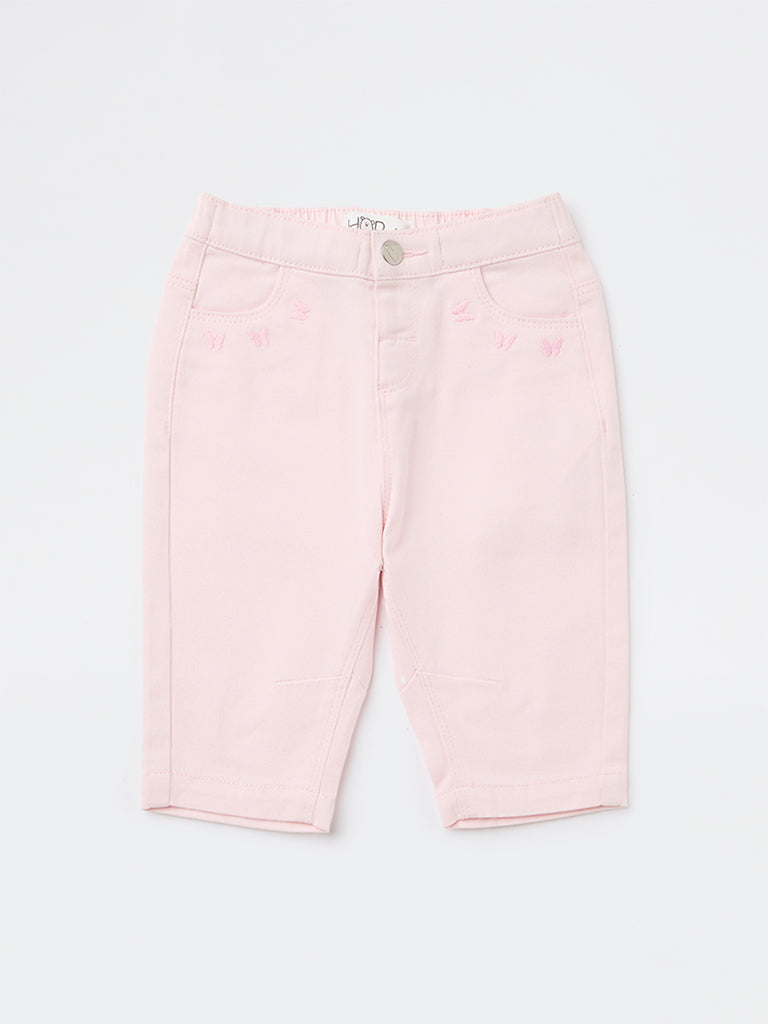 HOP Baby Girls Pink Embroidered High-Rise Cotton-Blend Trousers