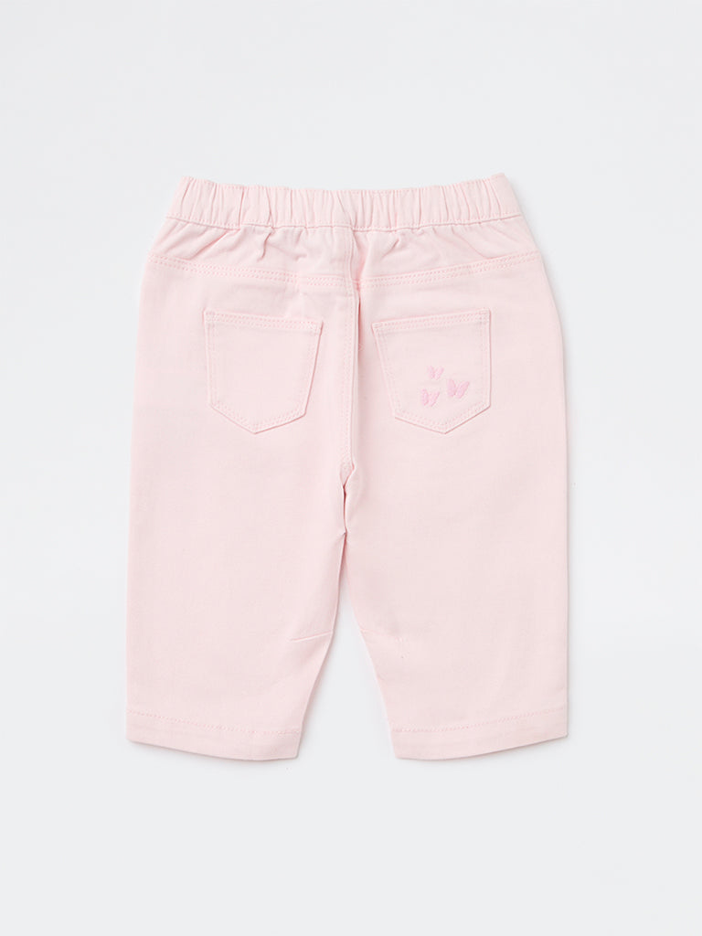 HOP Baby Girls Pink Embroidered High-Rise Cotton-Blend Trousers