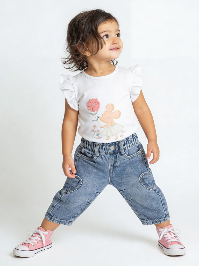 HOP Baby Girls White Printed Cotton Top