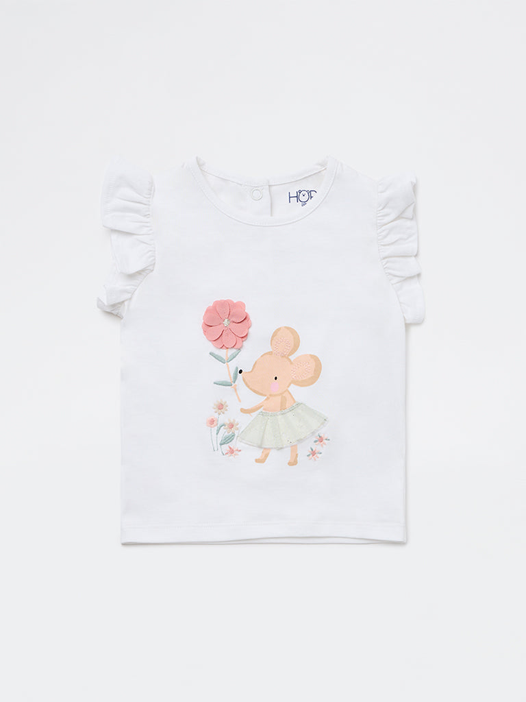 HOP Baby Girls White Printed Cotton Top