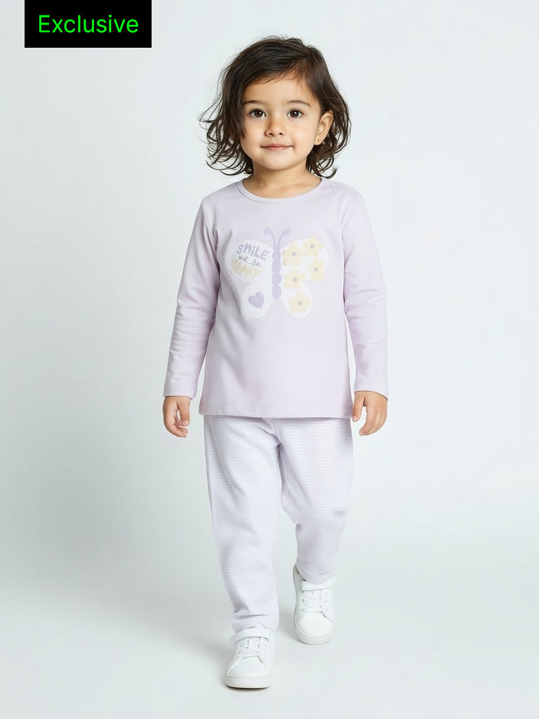 HOP Baby Girls Lilac Printed Cotton T-Shirt and Pants Set - Exclusive