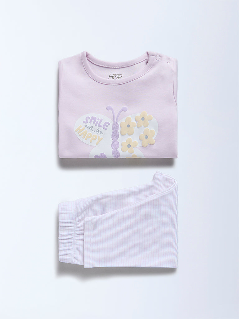 HOP Baby Girls Lilac Printed Cotton T-Shirt and Pants Set - Exclusive