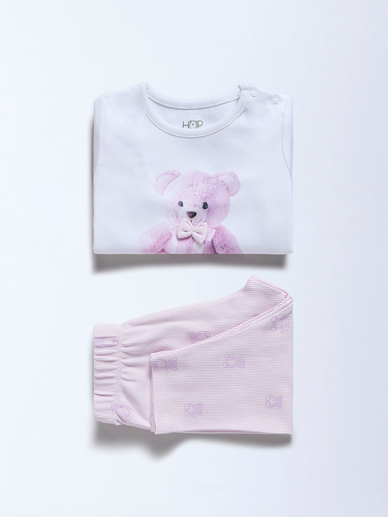 HOP Baby Girls Lilac Teddy Printed Cotton T-Shirt and Pants Set - Exclusive