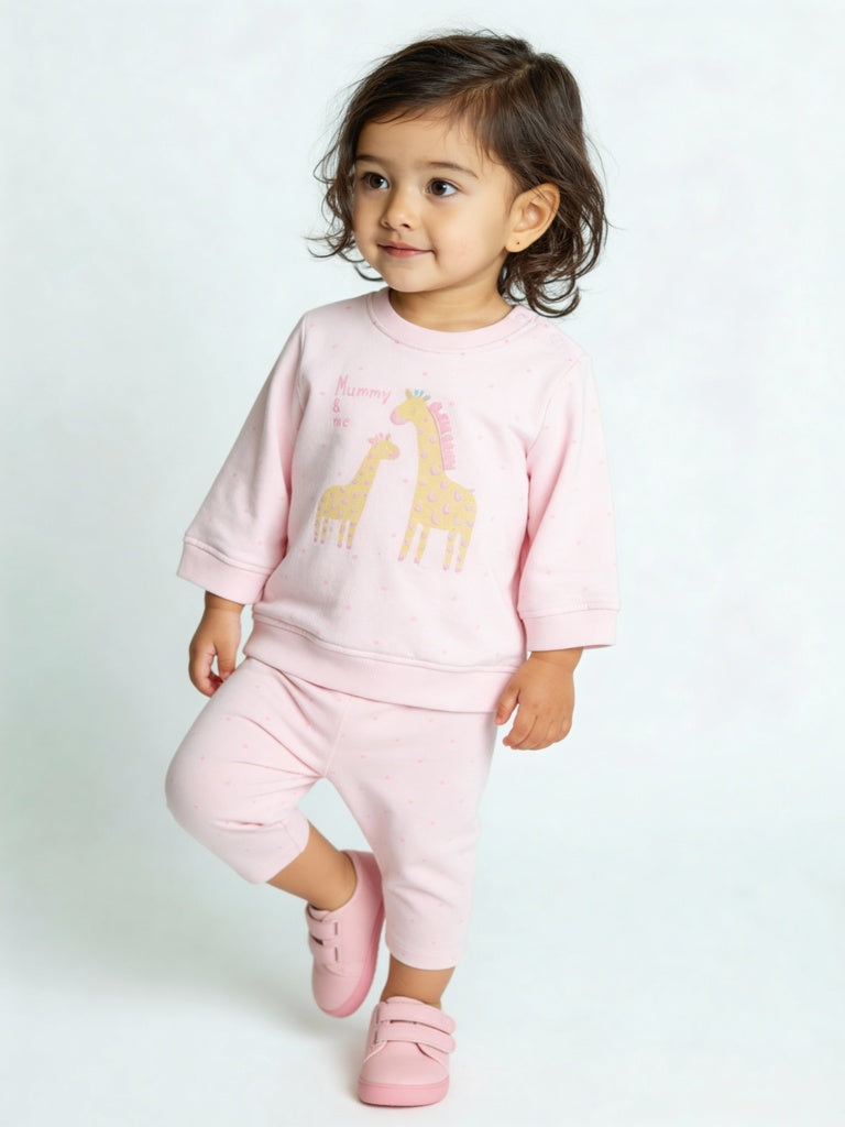 HOP Baby Girls Pink Animal Design Cotton Sweatshirt and Pants Set