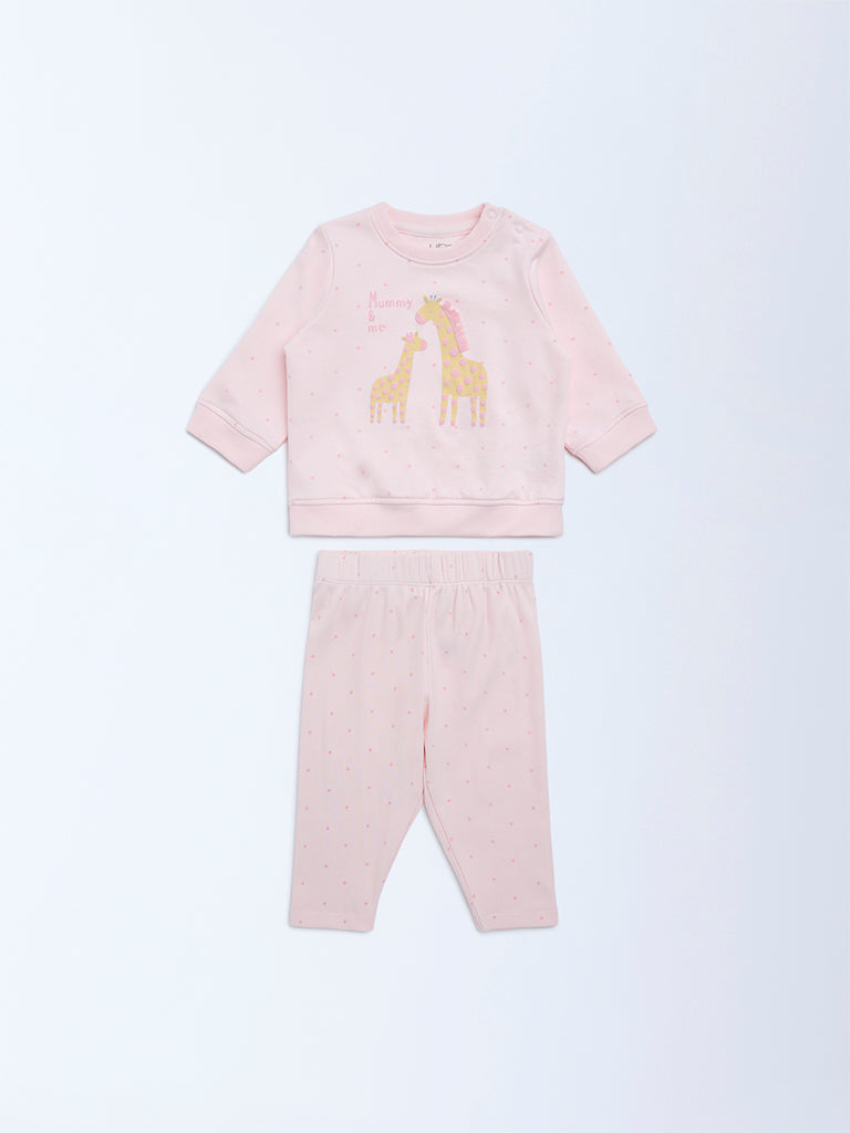 HOP Baby Girls Pink Animal Design Cotton Sweatshirt and Pants Set