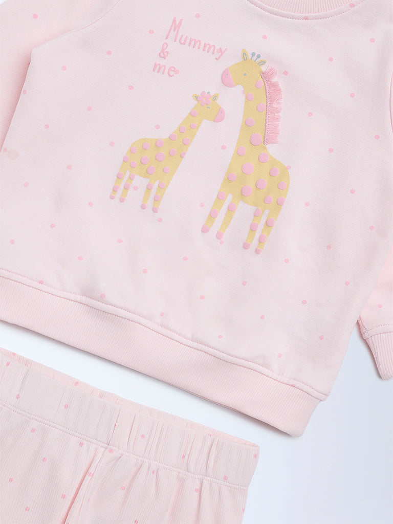 HOP Baby Girls Pink Animal Design Cotton Sweatshirt and Pants Set