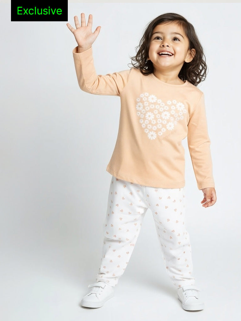 HOP Baby Girls Peach Heart Printed Cotton T-Shirt and Pants Set - Exclusive