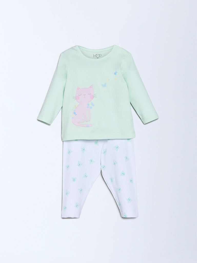 HOP Baby Girls Mint Cat Design Cotton T-Shirt and Pants Set - Exclusive
