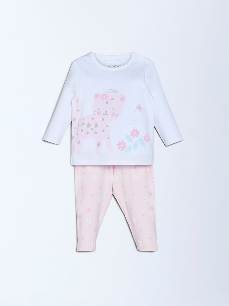 HOP Baby Girls Light Pink Cat Printed Cotton T-Shirt and Pants Set - Exclusive