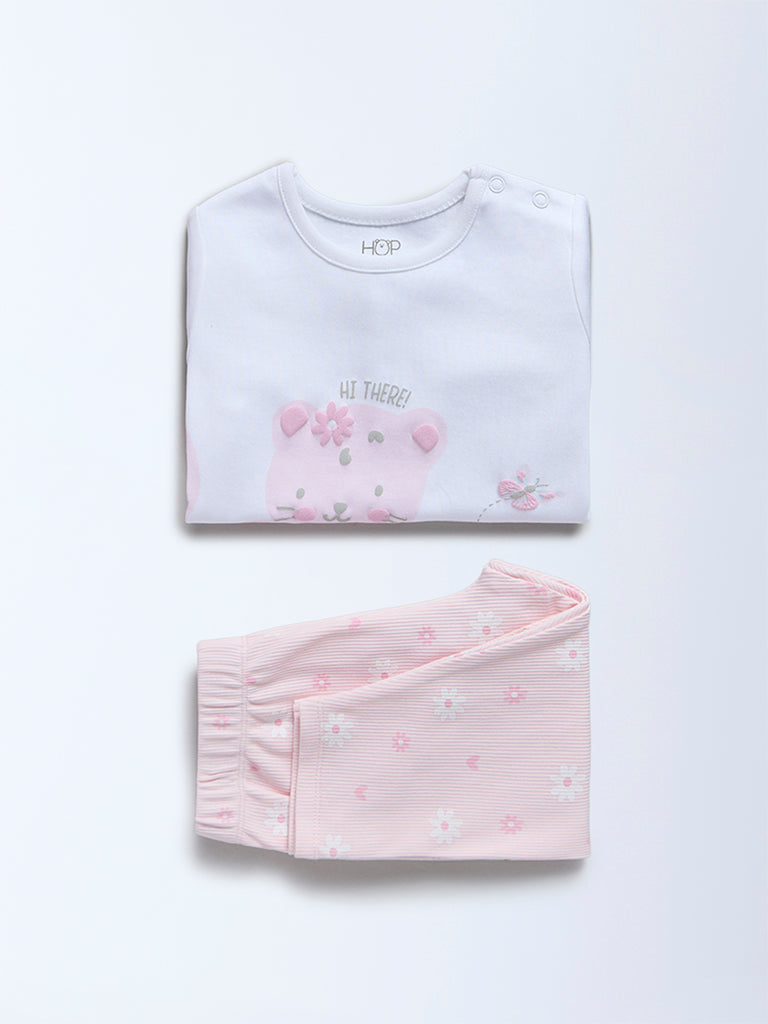 HOP Baby Girls Light Pink Cat Printed Cotton T-Shirt and Pants Set - Exclusive