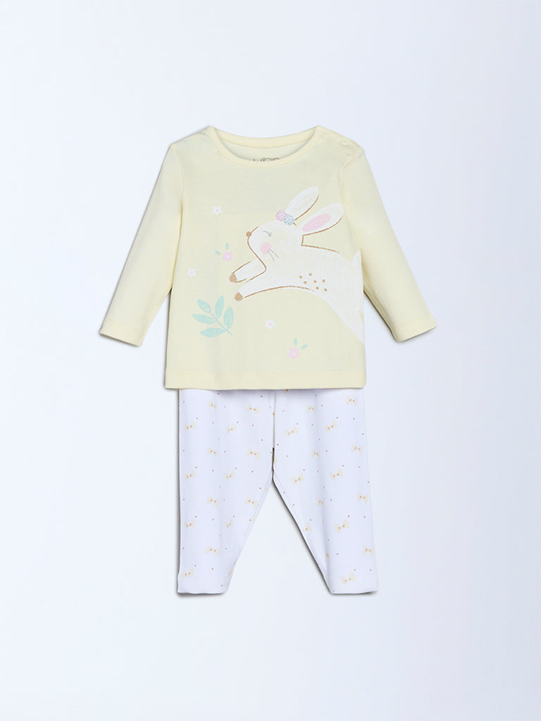 HOP Baby Girls Yellow Animal Design Cotton T-Shirt and Pants Set - Exclusive