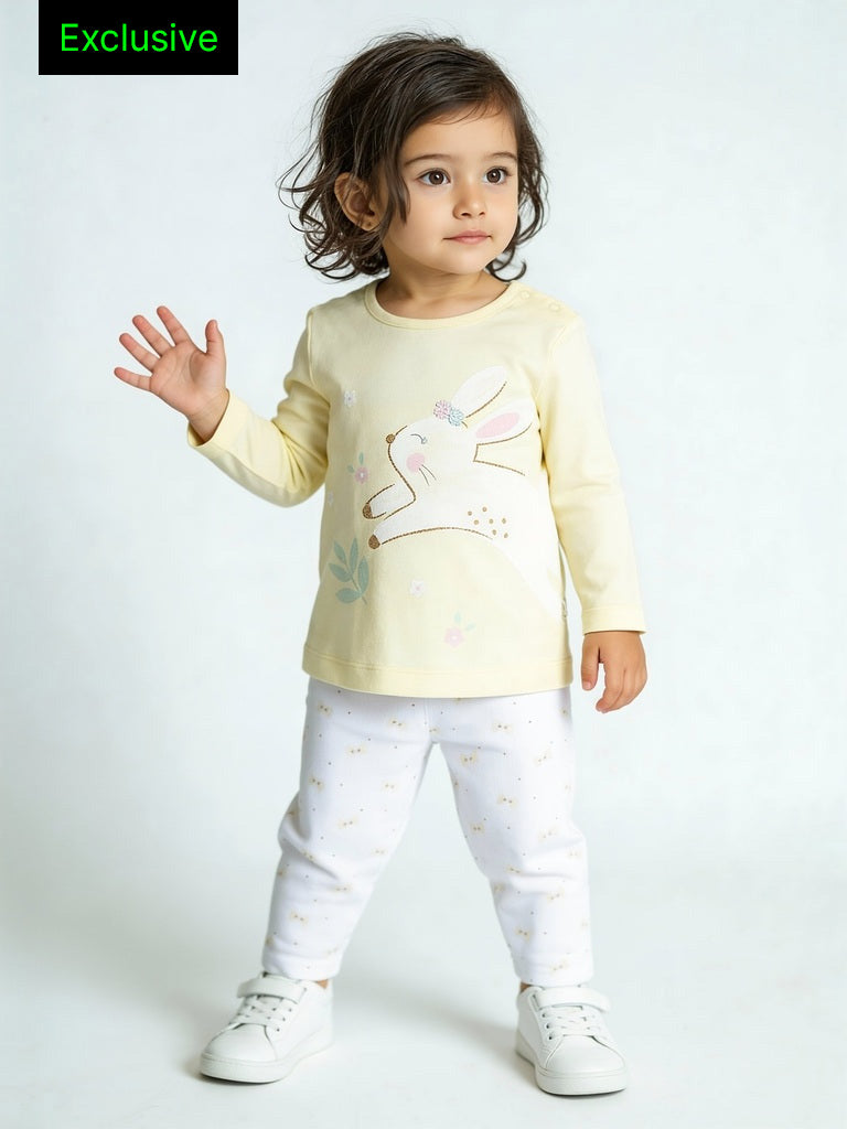 HOP Baby Girls Yellow Animal Design Cotton T-Shirt and Pants Set - Exclusive