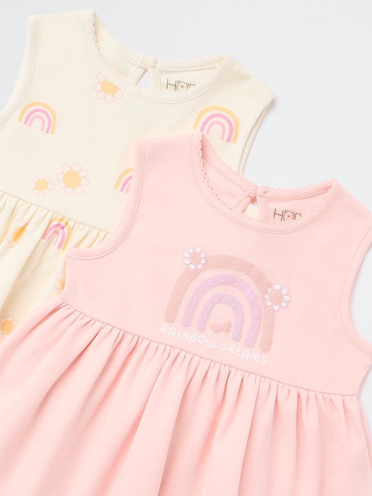 HOP Baby Girls Multicolour Rainbow Design A-Line Cotton Dress - Pack of 2