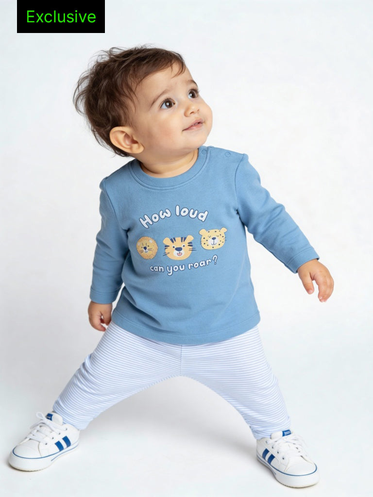 HOP Baby Boys Blue Animal Design Cotton T-Shirt and Pants Set - Exclusive