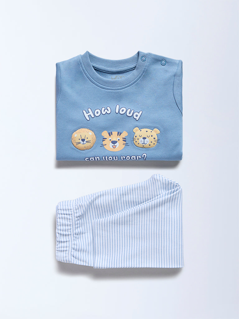 HOP Baby Boys Blue Animal Design Cotton T-Shirt and Pants Set - Exclusive