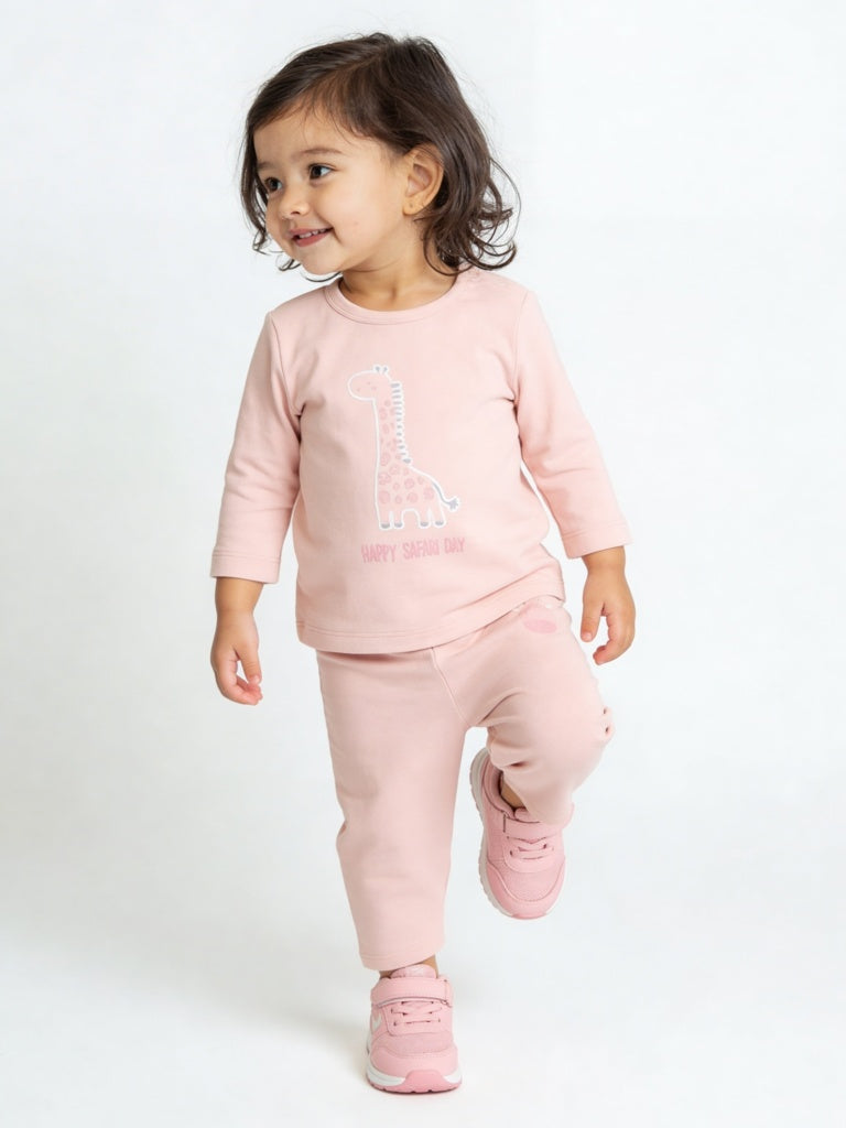 HOP Baby Girls Peach Animal Pattern Cotton T-Shirt and Pant Set