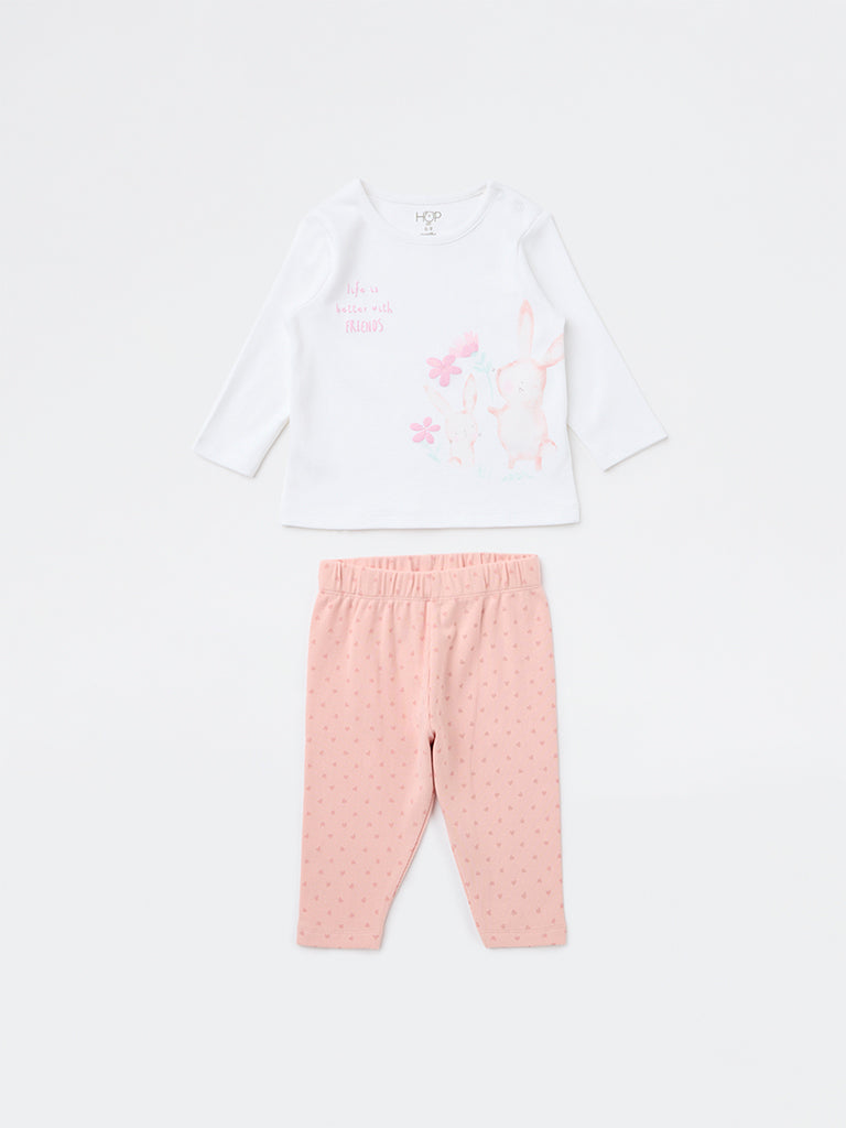 HOP Baby Girls Pink Bunny Printed Cotton T-Shirt and Pants Set