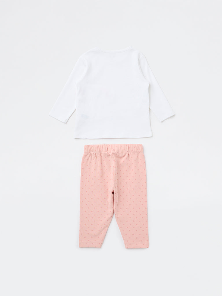 HOP Baby Girls Pink Bunny Printed Cotton T-Shirt and Pants Set