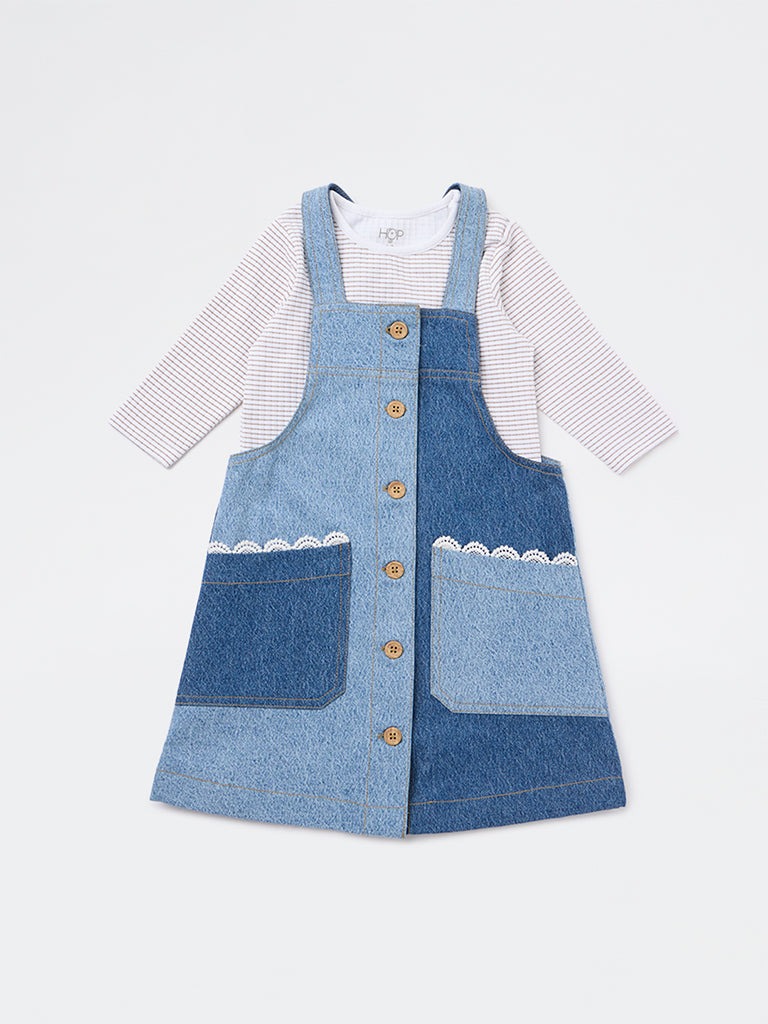 HOP Baby Girls Blue Denim Pinafore and T-Shirt Set