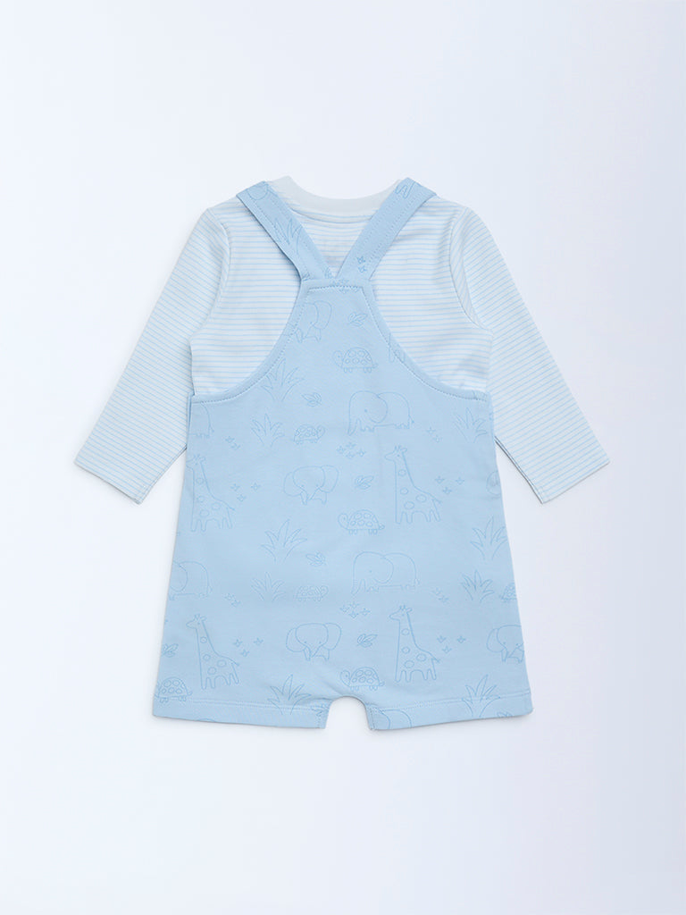 HOP Baby Boys Blue Cotton Dungaree with T-Shirt Set