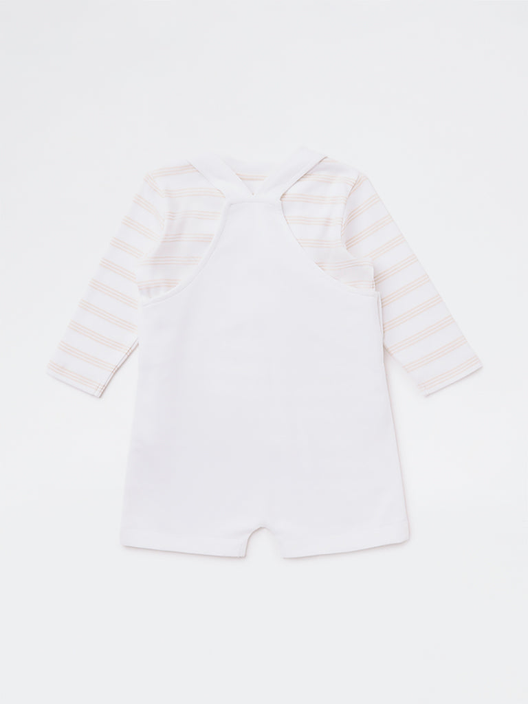 HOP Baby Girls White Embroidered Cotton Dungaree with Striped T-Shirt Set