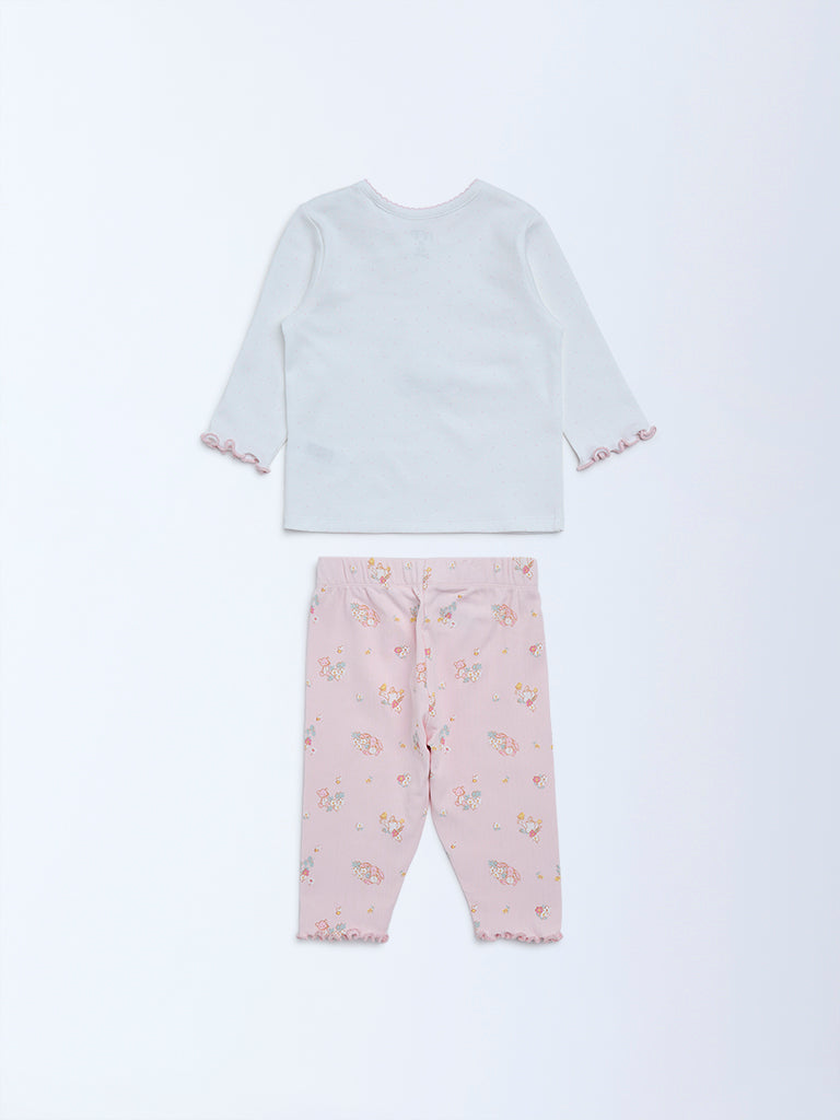 HOP Baby Girls Pink Cotton T-Shirt and Pants Set
